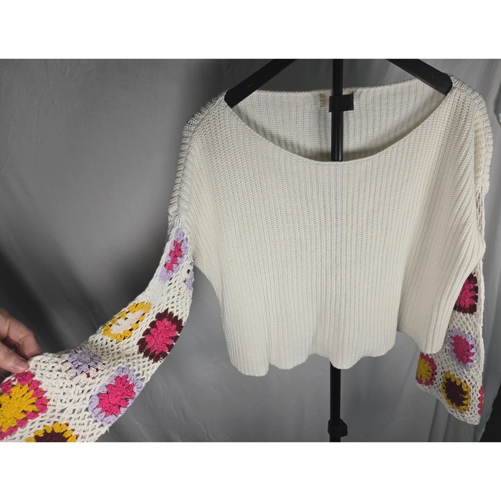 Womens Crochet Sleeve Sweater Size XS Ivory Knit Bell Sleeve Boho Granny Square